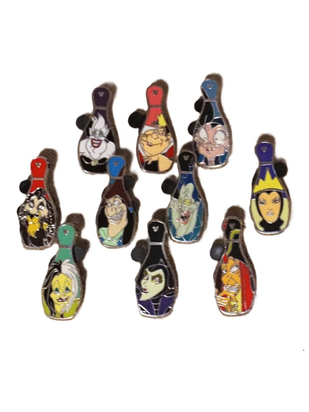 Disney Pin Trading 10 Pin Lot Featuring Villains on Bowling Pins (147)